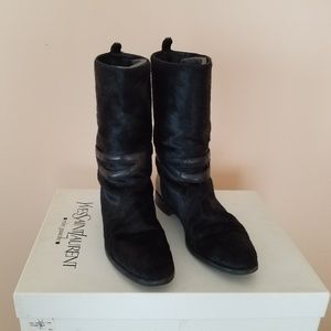 YSL Black Pony Hair Buckle Biker Flat Boot 40